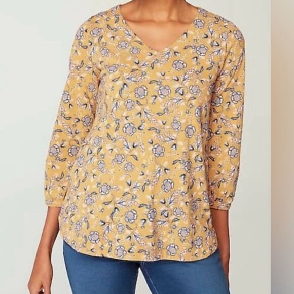 Pure Jill J Jill Yellow Floral V-Neck Top Printed - Picture 1 of 5